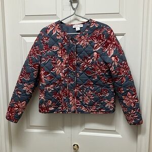 Rachel Zoe quilted collarless patch pocket jacket, floral, wine red & grey L